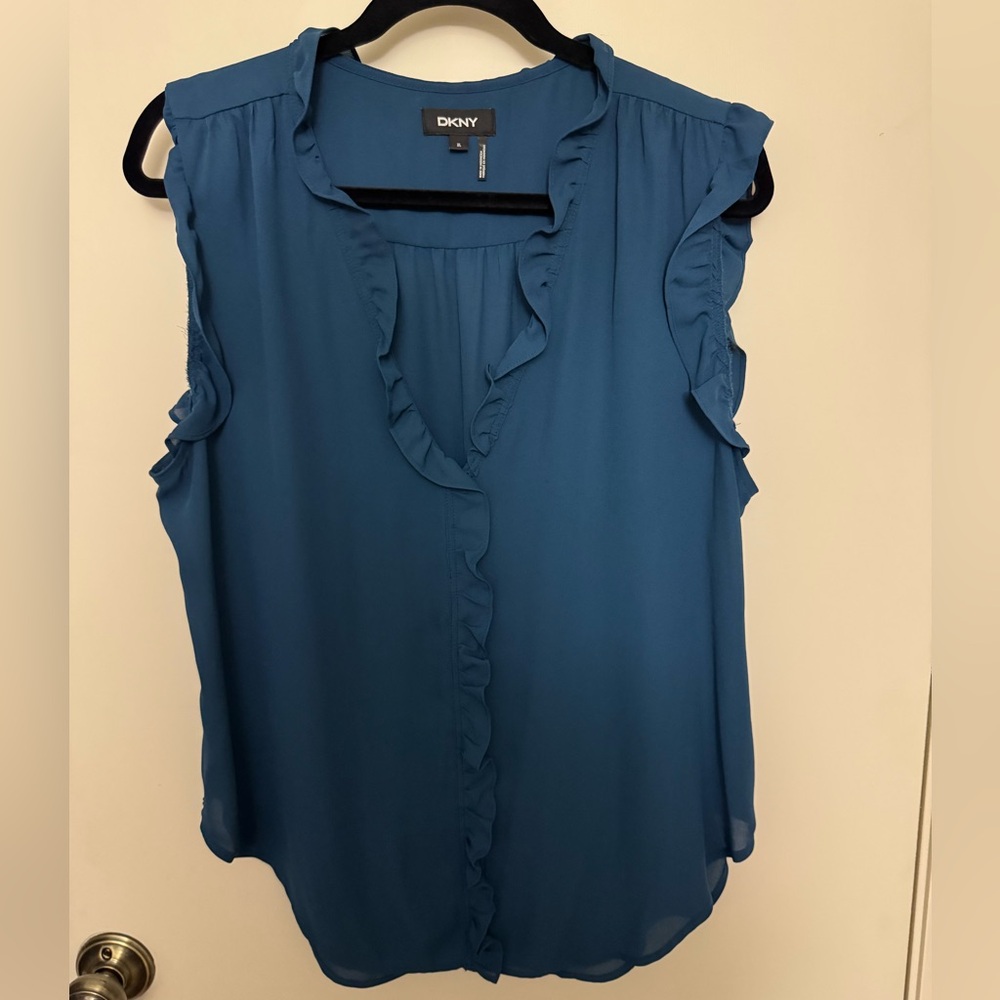 DKNY Teal Ruffle-Trim Sleeveless Top